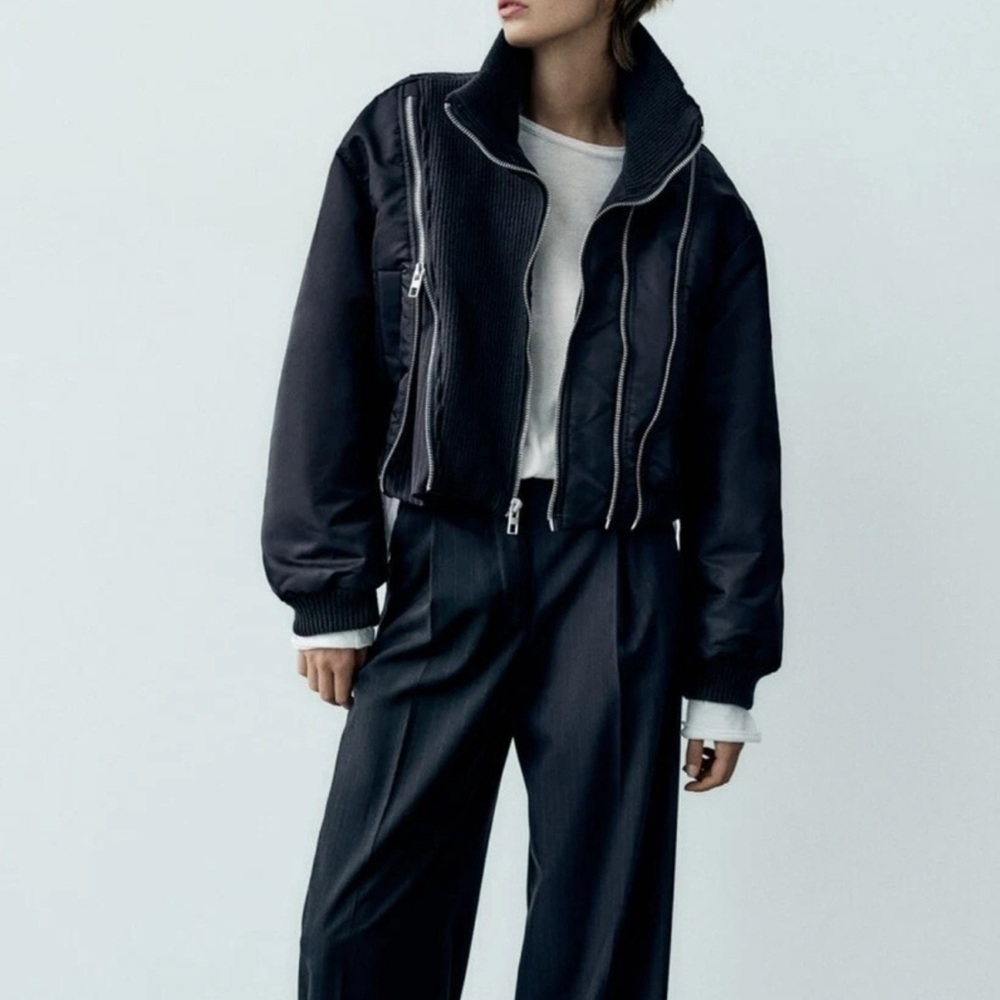 Zara Navy Zippered Pinstriped Bomber Jacket NWT - Picture 7 of 16